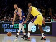 LeBron James guards Steph Curry (Golden State Warriors vs. LA Lakers)